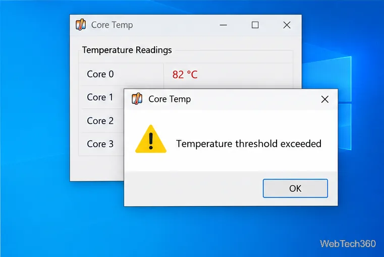 O fereastră pop-up de avertizare ilustrativă privind temperatura corpului pe monitorul de funcționare atunci când se depășește un prag de temperatură