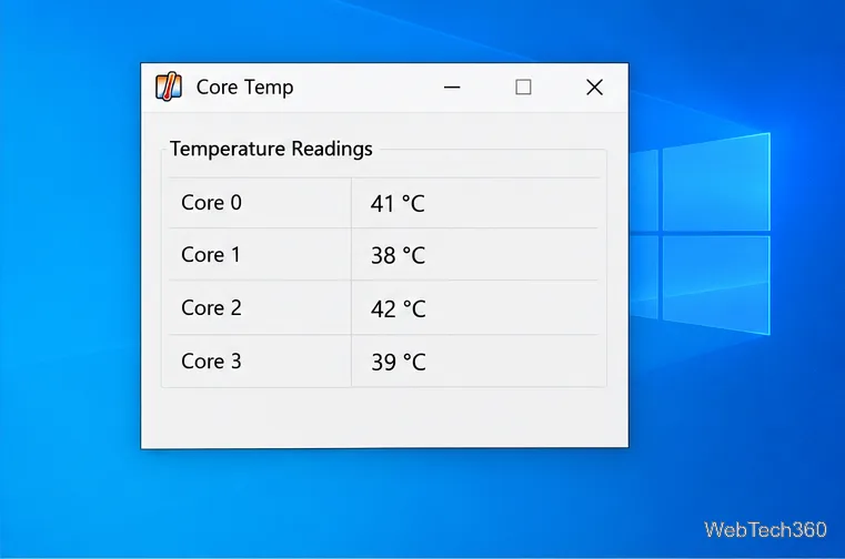 O ilustrație a monitorului Core Temp care prezintă citiri separate în grade Celsius pentru patru nuclee ale procesorului