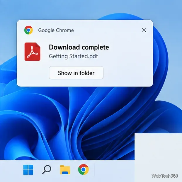 Notificare de sistem pentru desktop care confirmă finalizarea descărcării Chrome cu o acțiune „Afișează în folder”