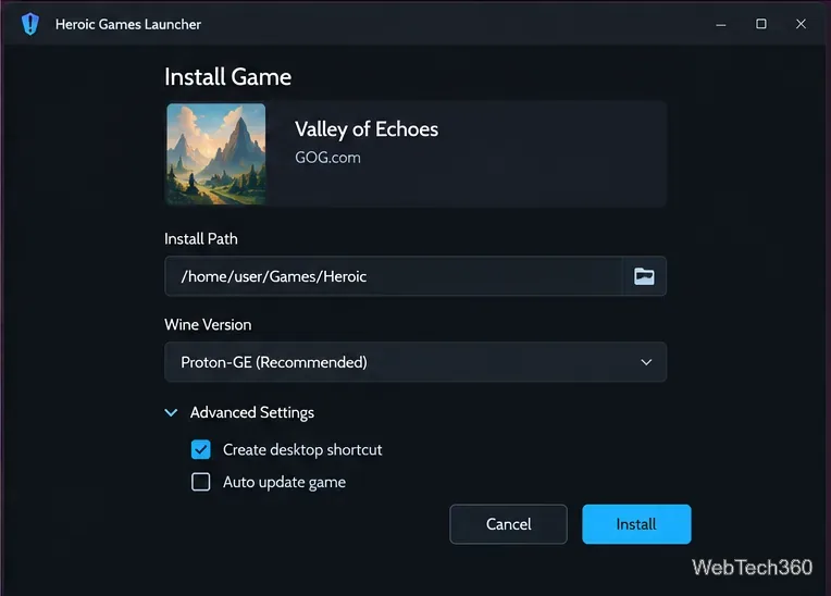 Heroic Install Game dialog showing an install path and a Proton-GE Wine version selection