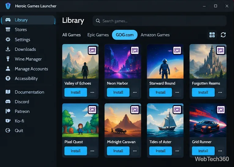Heroic Games Launcher library filtered to GOG.com games with Install buttons visible