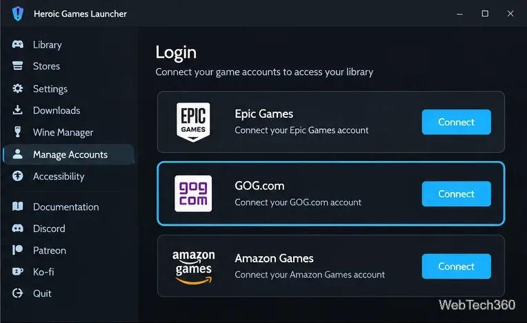 Heroic Games Launcher account screen with GOG.com available as a connected game account