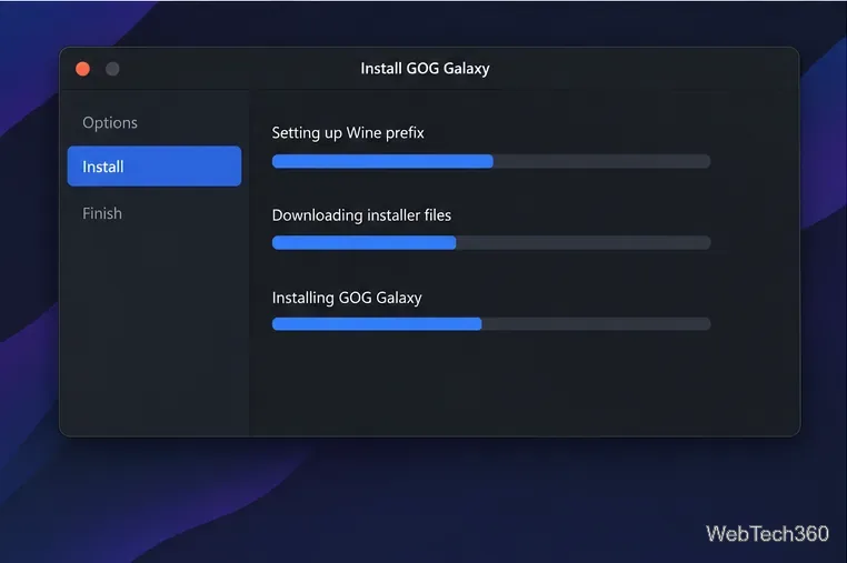 Janela de instalação do Lutris mostrando a configuração do prefixo Wine, os downloads do instalador e as etapas de instalação do Galaxy.