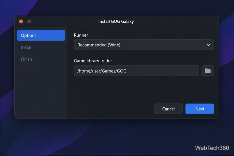 Opções do instalador Lutris mostrando um executor Wine recomendado e uma pasta separada para a biblioteca de jogos da GOG.
