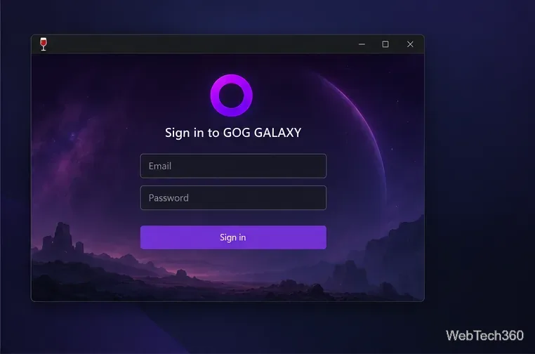 Janela da biblioteca GOG Galaxy com uma fileira de capas de jogos fictícios em uma interface escura.