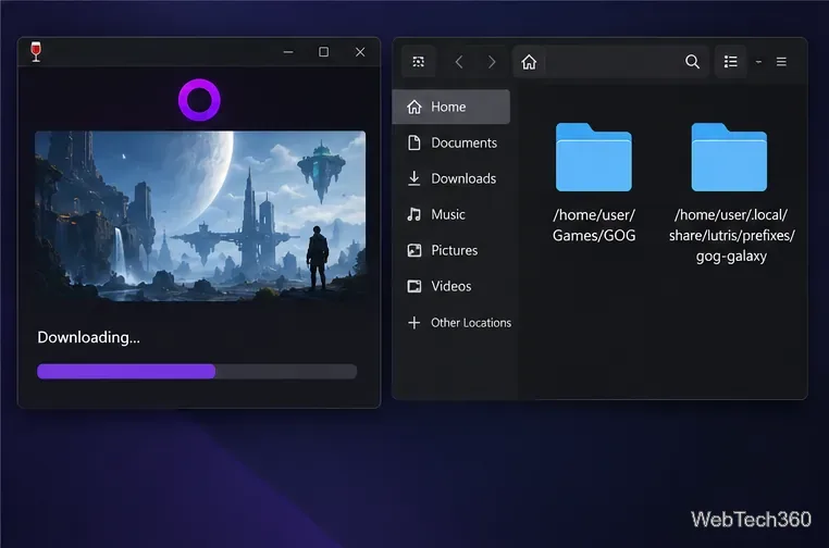 O progresso do download do jogo GOG GALAXY, ao lado dos detalhes do Lutris, mostra a pasta do jogo e os caminhos do prefixo do Wine separados.
