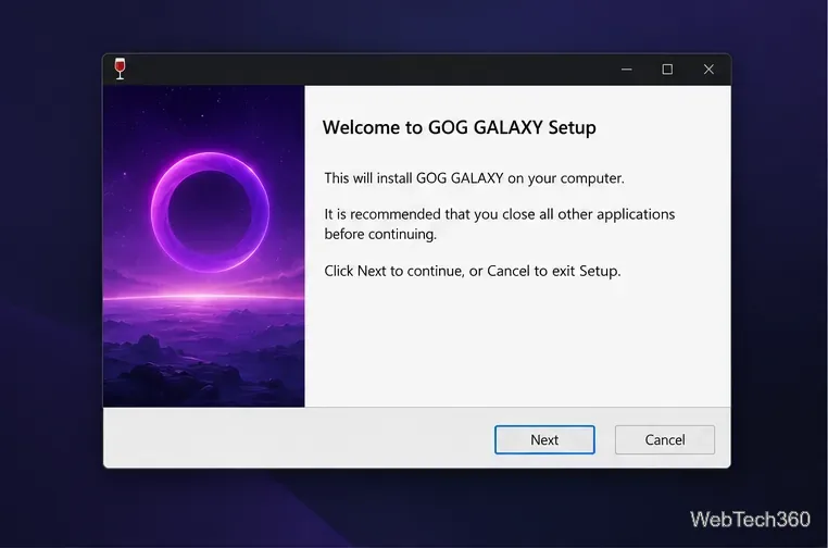 Tela de login do GOG Galaxy com campos de e-mail e senha vazios em um ambiente de desktop Linux.