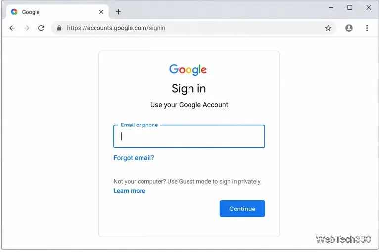The Google Account sign-in page open in Chromium with an empty email field
