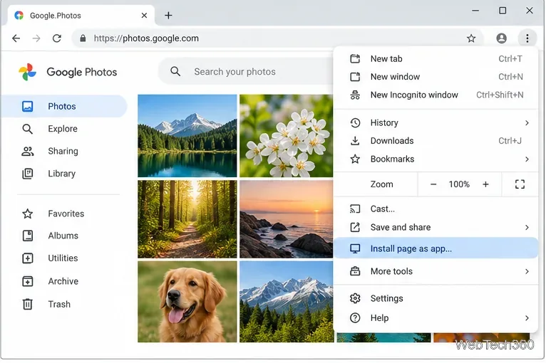 Chrome’s menu over Google Photos with Install page as app highlighted