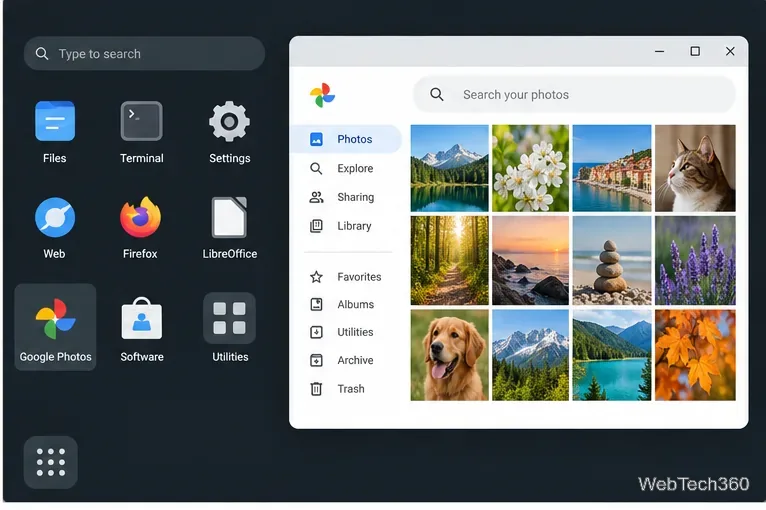 A Linux application launcher showing a Google Photos shortcut beside a standalone Photos window