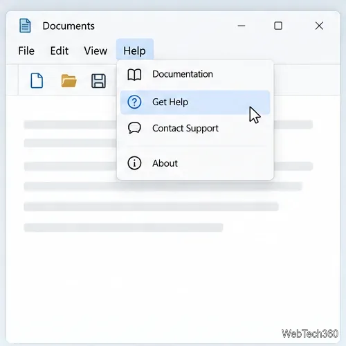O machetă a aplicației desktop cu meniul Ajutor deschis pentru documentație, Obțineți ajutor și Contactați asistența.