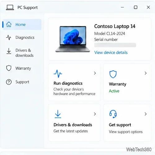 Portal generic de asistență pentru producătorii de computere care prezintă diagnosticarea dispozitivelor, garanția, driverele și opțiunile de asistență.