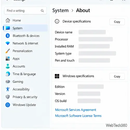 Machetă a paginii „Despre” a sistemului Setări Windows, care afișează specificațiile dispozitivului și informații despre versiunea și compilarea Windows.