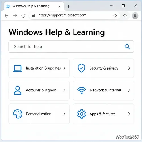 Machetă a paginii de ajutor și învățare Microsoft Windows cu un câmp de căutare pentru ajutor și categorii de depanare.