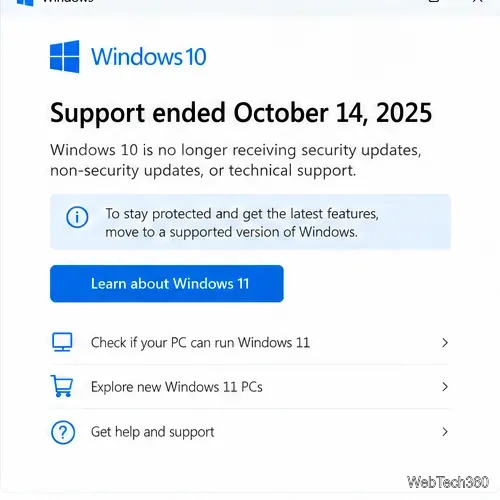 Machetă a ecranului de stare a asistenței pentru Windows 10 care precizează că asistența s-a încheiat pe 14 octombrie 2025.