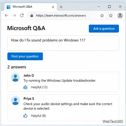 Machetă a paginii Microsoft Q&A care prezintă un editor de întrebări Windows și răspunsuri din comunitate.
