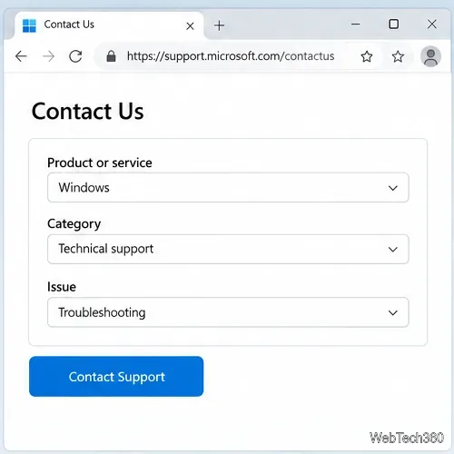 Machetă a paginii Microsoft Contact Us cu Windows selectat și o acțiune Contactați asistența.