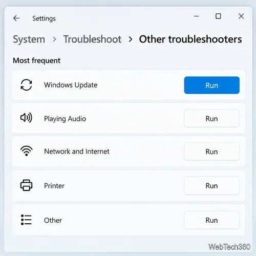 Setările Windows 11 din Sistem, Depanare și Alte instrumente de depanare, cu butoane Executare pentru categoriile comune.