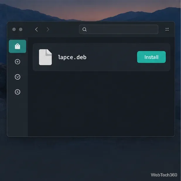 Un programme d'installation de logiciel Linux affichant un fichier lapce.deb local et un bouton Installer.