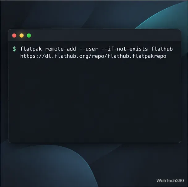 Un terminal Linux affichant la commande permettant d'ajouter le dépôt distant Flathub pour l'utilisateur actuel.