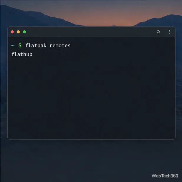 Un terminal Linux affichant les dépôts distants Flatpak avec Flathub listé.