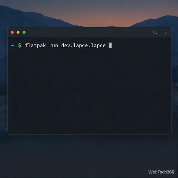 Un terminal Linux affichant la commande d'exécution flatpak pour Lapce.