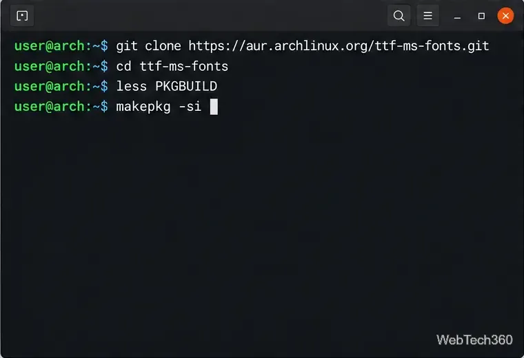 Arch terminal showing the AUR clone, PKGBUILD review, and makepkg commands