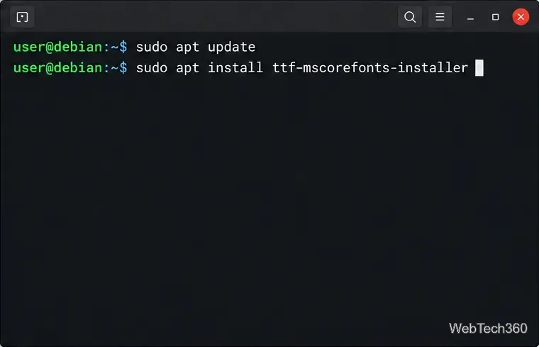 Debian terminal with apt update and ttf-mscorefonts-installer commands