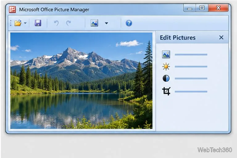 Illustrative Microsoft Office Picture Manager window showing a landscape photo and the Edit Pictures pane