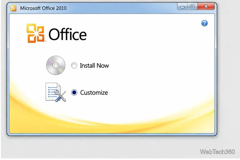 Illustrative Office 2010 setup screen with the Customize installation option selected