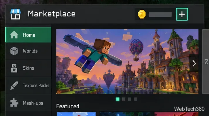 Illustration of the Marketplace header with a Minecoin balance and the plus button beside it.