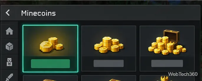 Illustration of a Minecoins page with several coin bundle cards and one selected.