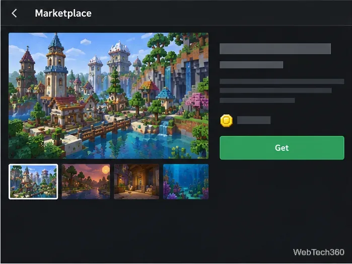 Illustration of a Marketplace world-pack page with a Minecoin price and Get button.