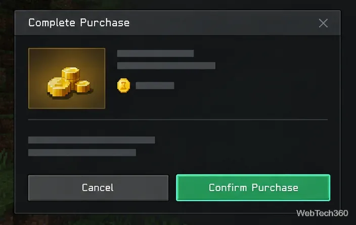 Illustration of a purchase confirmation panel showing Minecoins and a confirm button.