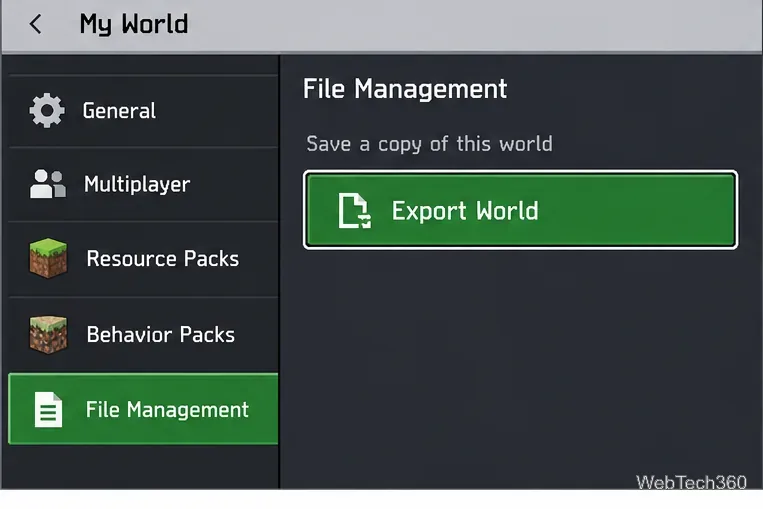 Página de gerenciamento de arquivos do mundo do Minecraft com o botão Exportar Mundo.