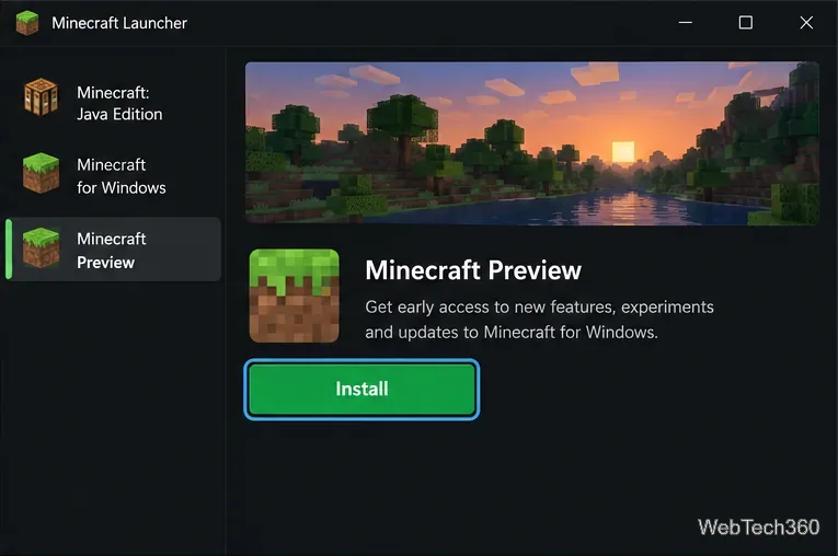 A pré-visualização do Minecraft está selecionada no Minecraft Launcher e o botão Instalar está destacado.