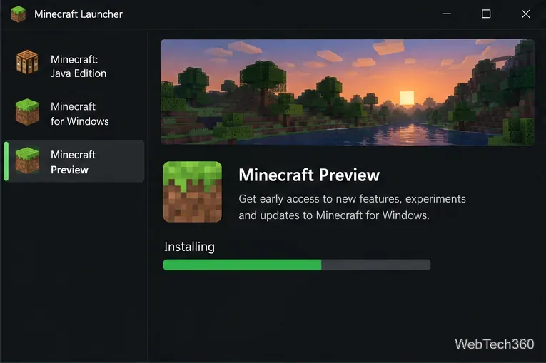 Instalação da versão de pré-visualização do Minecraft em andamento no Minecraft Launcher.