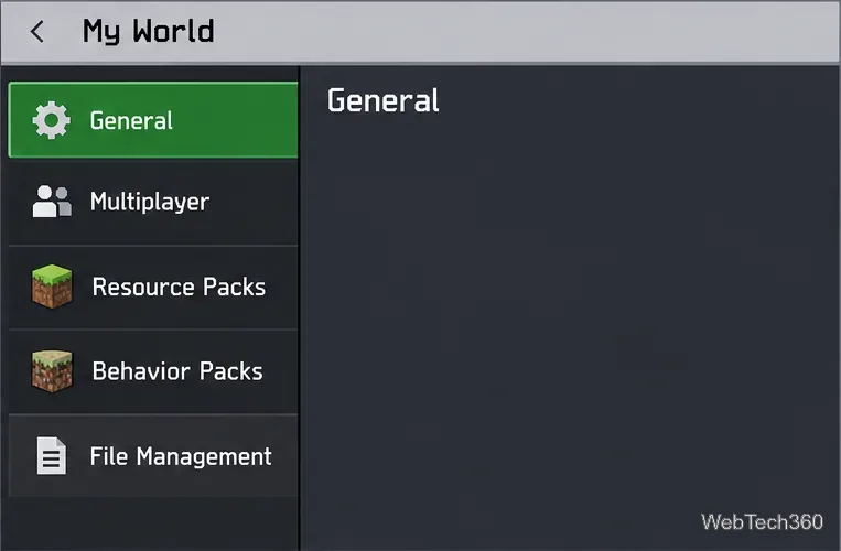 Configurações do mundo do Minecraft com a seção Gerenciamento de Arquivos listada no menu à esquerda.