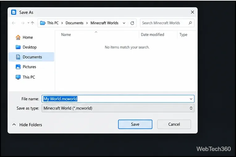 Diálogo "Salvar como" do Windows para exportar um mundo do Minecraft com o nome de arquivo "Meu Mundo.mcworld".