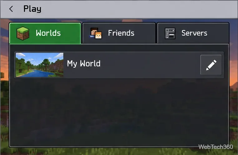 Tela do Minecraft Bedrock Worlds mostrando um mundo de exemplo e seu botão de edição em formato de lápis.
