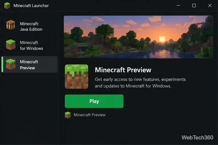 O iniciador do Minecraft mostra a versão de pré-visualização do Minecraft instalada, com um botão "Jogar".