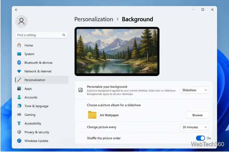 As configurações de personalização do Windows mostram a opção Apresentação de Slides selecionada com uma pasta de Papéis de Parede Artísticos escolhida como fonte de plano de fundo.
