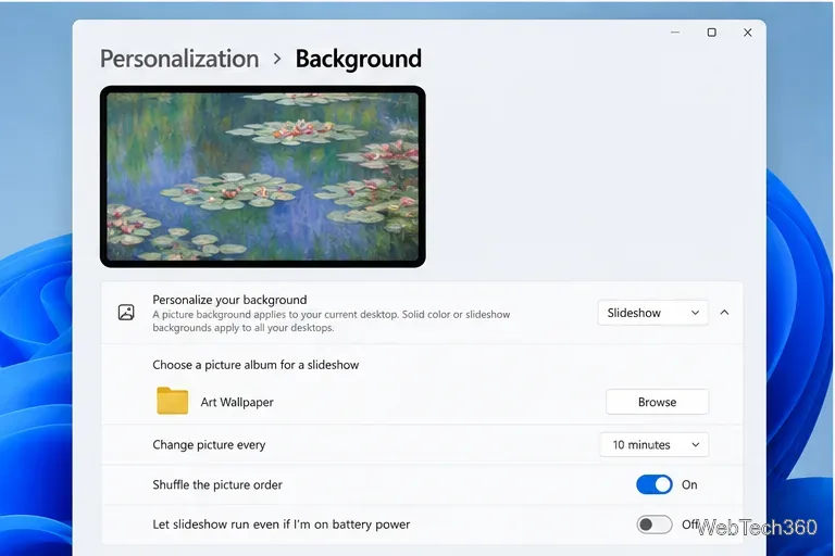 As configurações de apresentação de slides do Windows mostram o intervalo entre as imagens e os controles de reprodução aleatória abaixo da pré-visualização da obra de arte.
