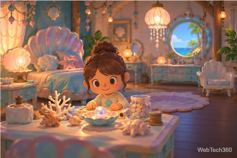 Uma pérola sobre uma mesa em um quarto aconchegante decorado com móveis inspirados em sereias.