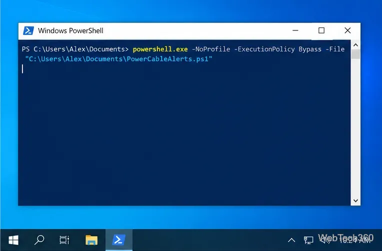 Консоль Windows PowerShell отображает команду для запуска файла PowerCableAlerts.ps1 из папки «Документы».