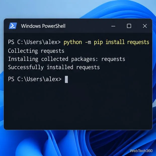 PowerShell example running python -m pip install requests and displaying a generic successful installation message.