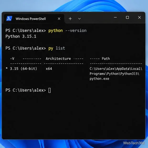 PowerShell example showing python --version returning Python 3.15.1 and py list showing an installed CPython runtime.