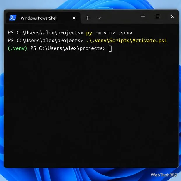 PowerShell example creating a .venv environment in a project folder and activating it with Activate.ps1.