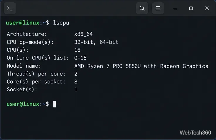A terminal shows lscpu output with architecture, CPU model, processor count, cores, and threads.