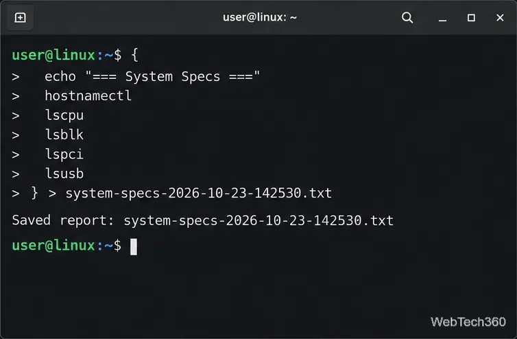 A terminal groups hardware commands and redirects their output into a timestamped system-specs text file.